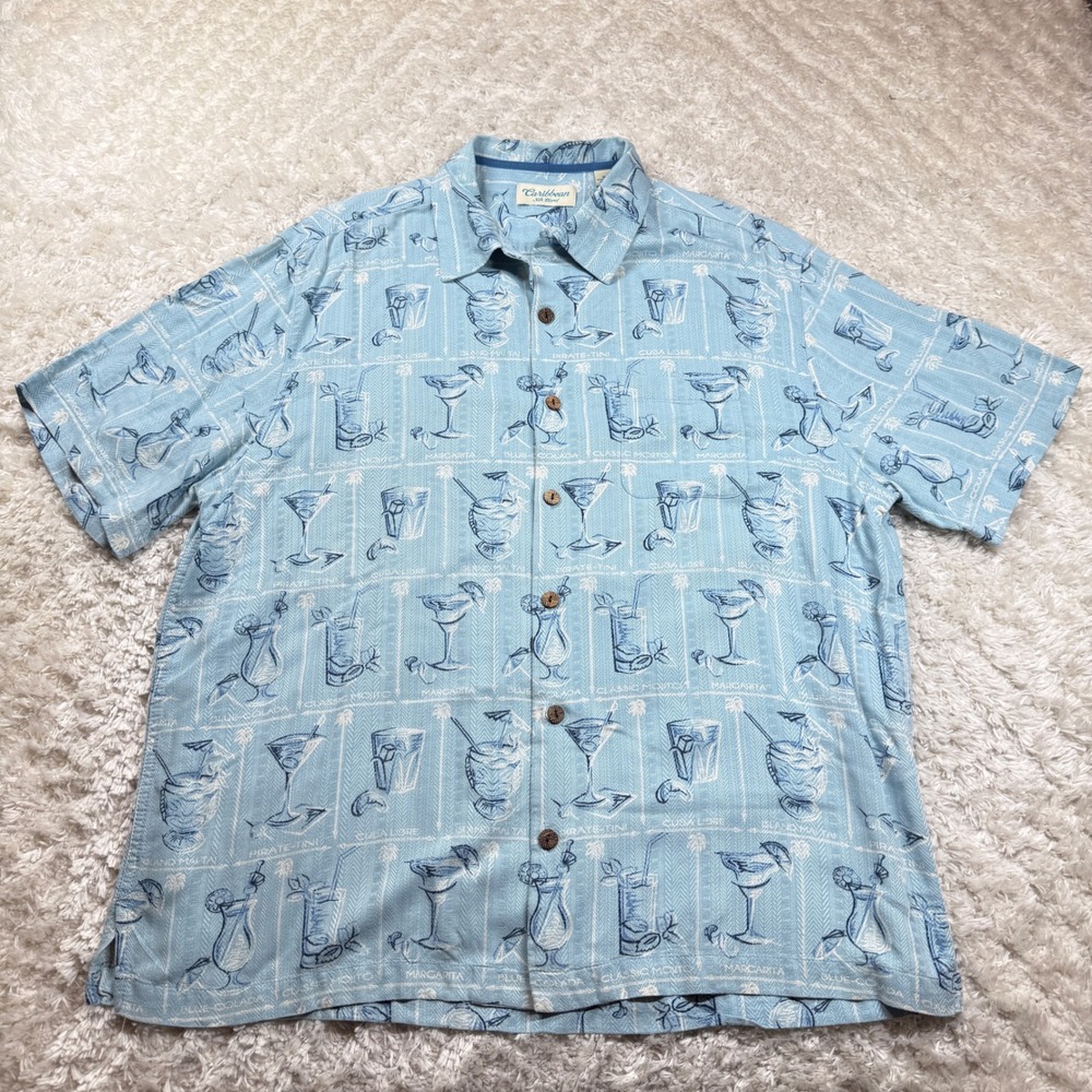 Caribbean Shirt Men's XL Silk Blend Button Up Camp Cocktail Print Party Vacation